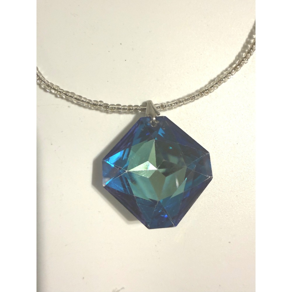 Blue Faceted Crystal Square Pendant Necklace Seed Bead Strand Statement‎ Jewelry